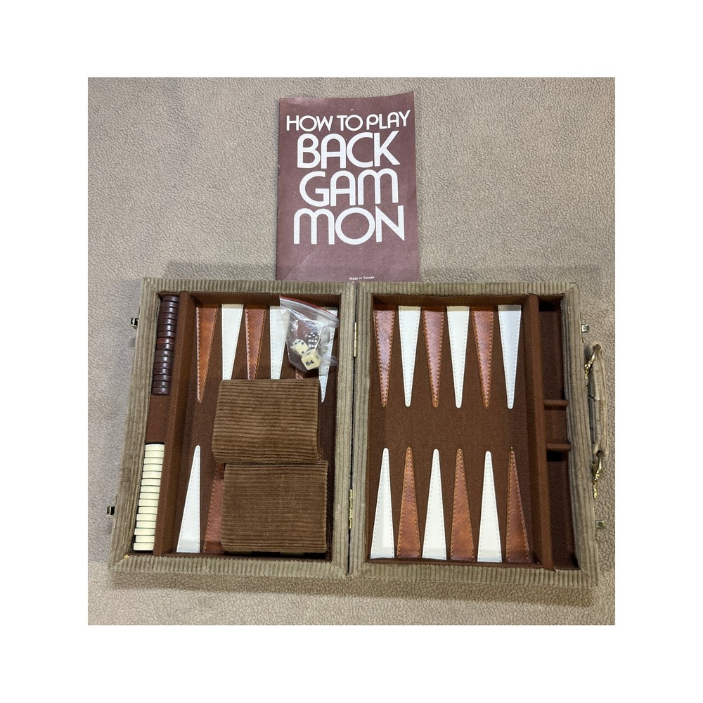 Vintage Corduroy Backgammon Set Tan Briefcase Travel Board Game Complete Manual